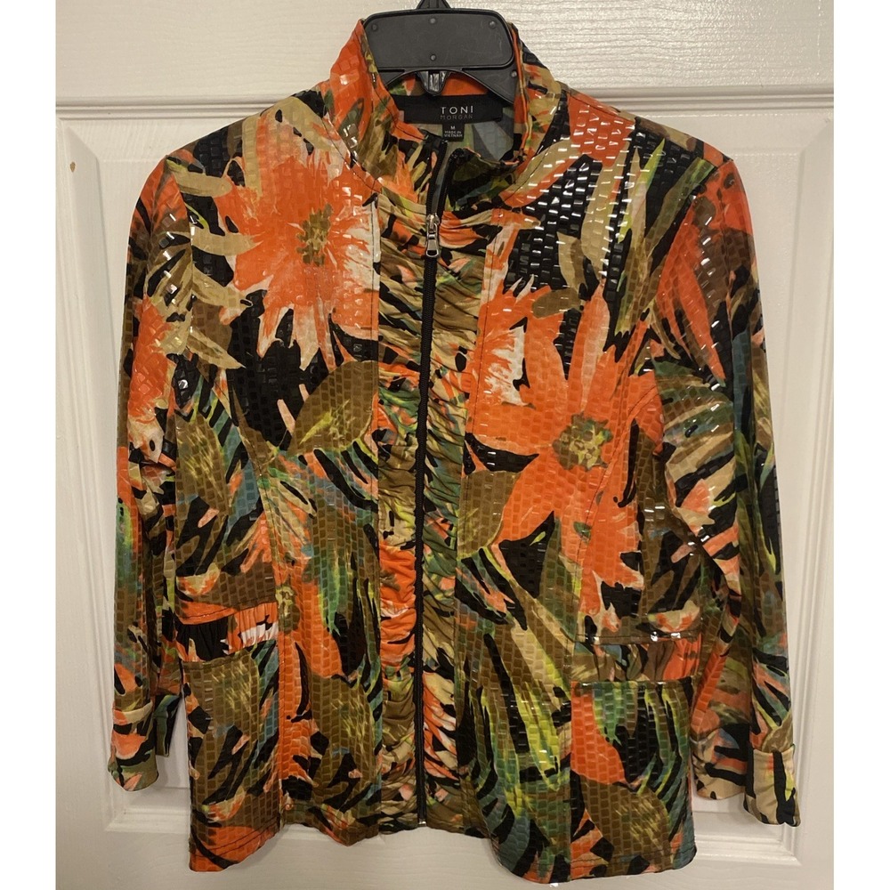 Toni Morgan Jacket Shiny Floral Orange Black Multi Zip Front 3/4 Sleeve Size M